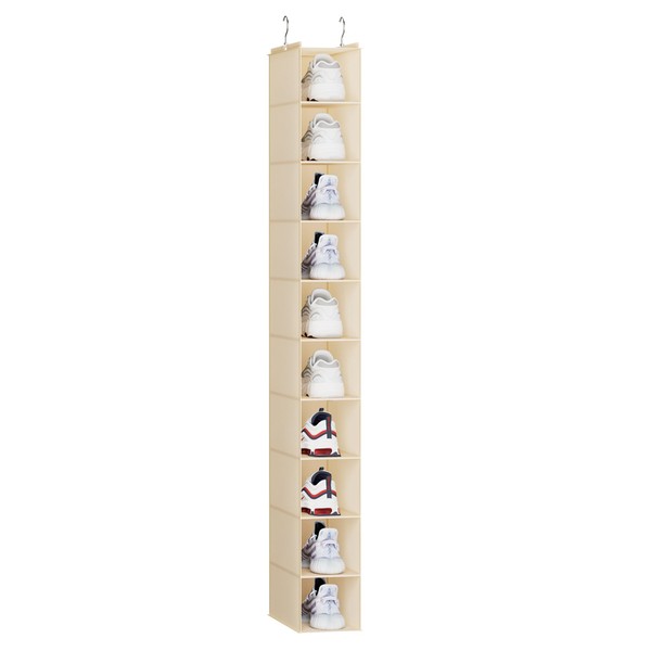 YOUDENOVA Hanging Shoe Rack 10-Shelf Shoes Storage for Wardrobe Collapsible Hanging Shoe Organizer Slim Wardrobe Shoe Organiser Durable Fabric Wardrobe Storage Solutions for Shoes,Clothes,Hats - Beige