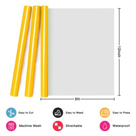 Heat Transfer Vinyl Bundle Yellow HTV Vinyl - 12" x 5ft Yellow Iron on Vinyl for Cricut & Silhouette Cameo, Yellow HTV Vinyl Roll for T-Shirts Bags - Easy to Weed & Cut for Heat Vinyl Clothing Design