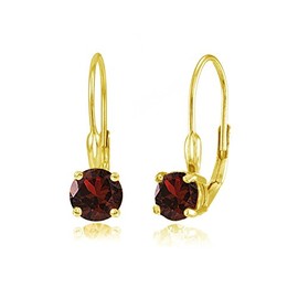 Yellow Gold Flashed Sterling Silver Garnet 6mm Round Leverback Earrings