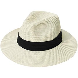 Lanzom Women Wide Brim Straw Panama Roll up Hat Fedora Beach Sun Hat UPF50+ (02-Fold Belt Beige)