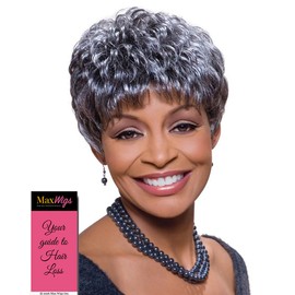 Sassy Wig Color 3T34 - Foxy Silver Wigs Short Pixie Wavy Synthetic Feathered Bangs African American Women's Machine Wefted Lightweight Average Cap Bundle with MaxWigs Hairloss Booklet