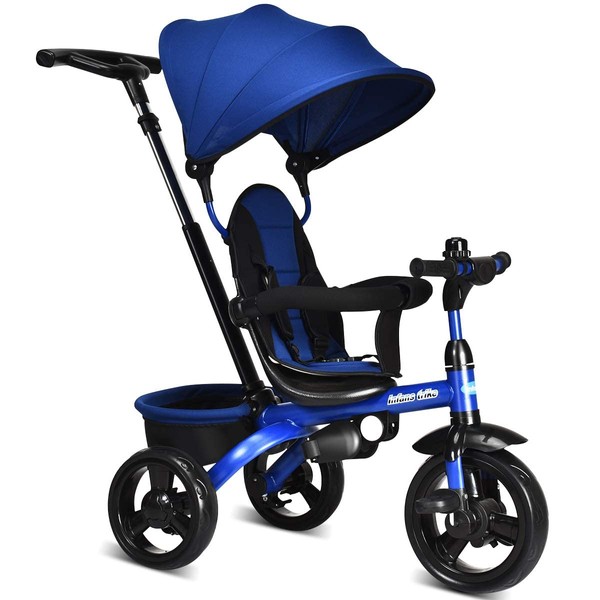 INFANS Kids Tricycle, 4 in 1 Stroll Trike with Adjustable Push Handle, Removable Canopy, Retractable Foot Plate, Lockable Pedal, Detachable Guardrail, Suitable for 10 Months to 5 Years (Blue)