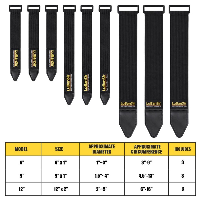 LuBanSir Cinch Straps, Assorted 9 Pack（6“/9”/12“） Super-Stretch Storage Straps Fit