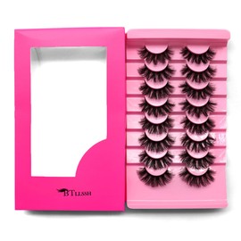 BTLLSSH 8Pair 3D5D 0.67INCH Thick False Eyelashes Cross Fluffy Natural Look Faux Mink Lashes Volume Cat Eye Fake Eyelashes with Dark Pink Box