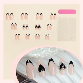 3D Heart Press on Nails Valentine’s Day Fake Nails Black French Tip Glue on Nails Cute False Nails Full Cover Artificial Nails Reusable Acrylic Press on Nails Medium Almond Stick on Nails for Women