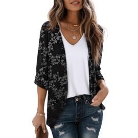 LILBETTER Womens Floral Chiffon Kimono Cardigans Loose Beach Cover Up Half Sleeve Tops(Black Leaves Large)