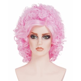 Rugelyss Long Curly Pink Beehive Wig for Women Vintage Disco Wig Synthetic Full Wavy Wigs for 60s 70s 80s Rock Singer Cosplay or Halloween Costume Party