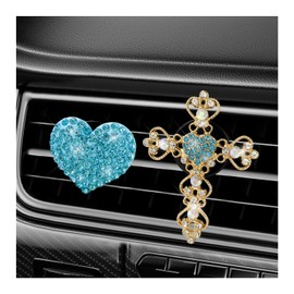 SHMZK 2 PCS Bling Car Vent Clip, Crystal Rhinestone Cross and Heart Car Air Fresheners Vent Clips, Diamond Car Air Conditioner Outlet Decoration Charm for Women, Car Accessories (Blue)