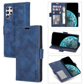 Case for Samsung Galaxy S22 Ultra, Soft Premium PU Leather Flip Case with Card Slot Kickstand Split Magnetic Closure Shockproof Protective Slim Wallet Cover for Samsung Galaxy S22 Ultra - Blue