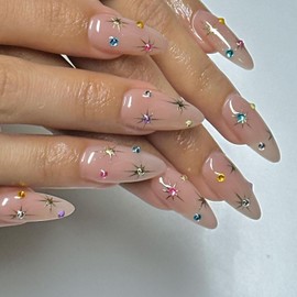Generic 24pcs Press on Nails Star Fake Nails Decoration Colour Star Glue on Nails Kit Exquisite Press on Finger Nail Pointed Almond Set Acrylic Artificial Nails Set for Women Full Cute Nails