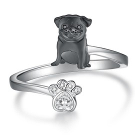 Black Pug Ring 925 Sterling Silver Pug Adjustable Ring Dog Pug Jewelry Gifts for Women Pug Lovers Dog Lovers, Sterling Silver, Cubic Zirconia