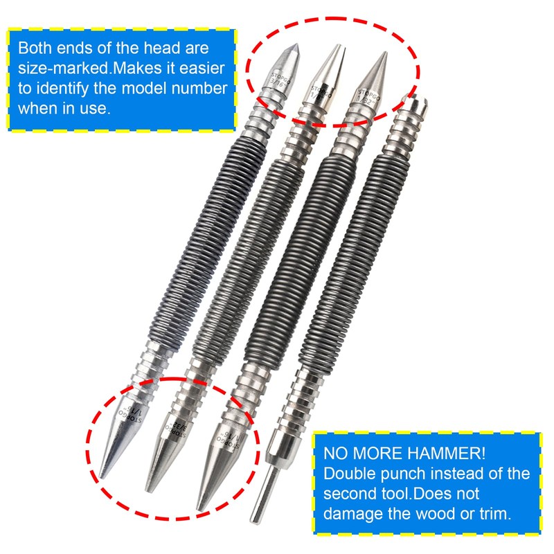 Spring Nail Set with Size Marked,Spring Loaded Center Punch,4pcs Dual