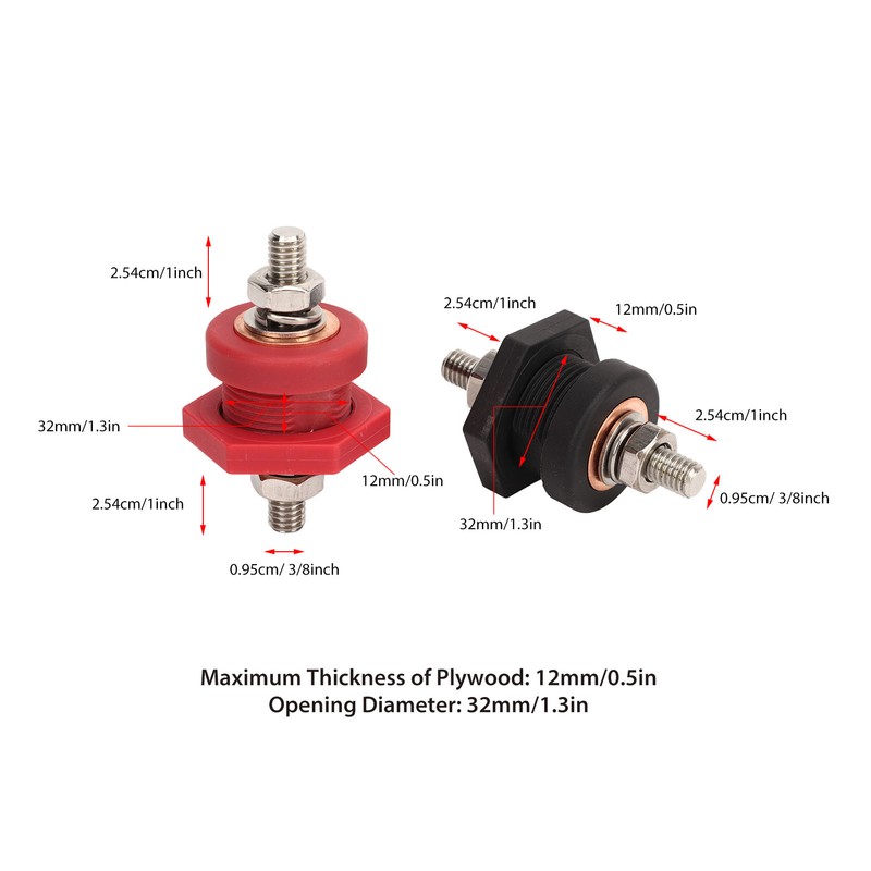 1Pair Thru Panel Battery Terminal Connectors 3/8 In Black Red