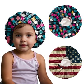 BHAHB 2 PCS Kids Bonnets for Girls Boys Satin Silk Bonnets Double Layer Elastic Adjustable Hair Caps for Sleeping Reusable Cute Aesthetic-Flag