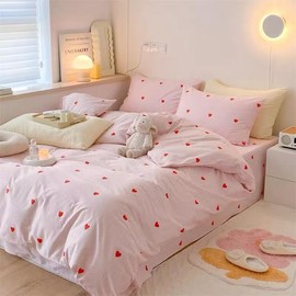 Striped Duvet Cover Queen Size Pink Comforter Cover Love Pattern Duvet Cover Set Soft Microfiber Minimalist Style Comforter Cover with Zipper Corner Ties, 3 Pieces (No Comforter)