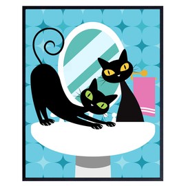 Cute Cat Bathroom Wall Decor - Mid Century Cat Wall Decor for Women, Woman, Girl - Black cat Mid Century Modern Bathroom Decor - funny Cat Mid century modern Wall Art for Cat Mom - Blue Bathroom Decor