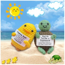 Positive Crochet Animals 2PCs Set – Positive Duck & Positive Turtle | Emotional Support Crochet | Comes with Positive Affirmations Cards & Stands | Cute Stuff & Desk Decorations & Funny Gifts