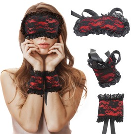 FRESHME Blindfold for Adults Couples - 3 Pcs Red Blackout Cute Lovely Sleeping Eye Mask Cover Blind Folds and Hand Ties Set for Grownups Women Her Girlfriend Wife Bedroom Night Time Gift