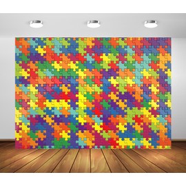 CORFOTO Fabric 7x5ft Colorful Puzzle Photo Backdrop Colorful Jigsaw Background Autism Awareness Background Kids Adult Game Themed Birthday Party Decorations Holiday Baby Shower Photo Studio Props