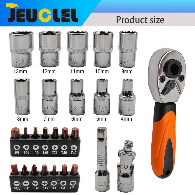 JEUCLEL 27PCS 1/4" Drive Mini Ratchet Set with Bits, Hex,