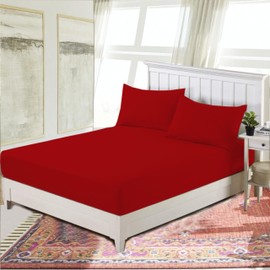 R&Z Plain Luxury Polycotton Fitted Sheet Single, Double, King, Super King, 4FT (Red, Small Double 4ft)