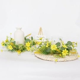 2Pcs Artificial Daisy Candle Rings Wreaths 4 Inch Center, Yellow Flower Small Wreaths with Eucalyptus and Berry Greenery Garland for Pillar Candle Spring Easter Wedding Party Home Tabletop Decor
