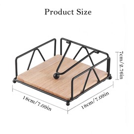 Napkin Holders for Tables, Elegant Flat Cocktail Napkin Holder with Wooden Base, Metal Tabletop Serviette Tray for Kitchen, Countertops, Outdoor Tables (Black)