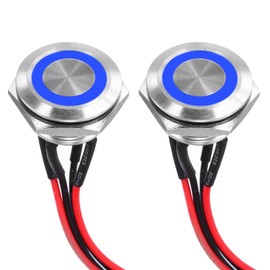 DMiotech 19mm / 3/4" Stainless Steel Momentary Push Button Switch Flat Head 3A 12-24V Silver Shell with Pre-soldered Blue LED Ring Light 1NO, 2Pcs