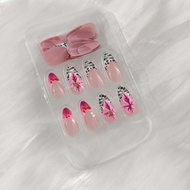 24Pcs French Tip Press on Nails Medium Almond Fake Nails 3D Flower Cute Leopard Nail Art Design Acrylic False Nails with Rhinestones Full Cover Pink Embossed Flowers Stick on Nails for Women