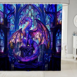 Western Dragon - Cortinas de ducha para niños, diseño de dragón morado con alas voladoras, cortinas de baño para niños y niñas, diseño geométrico de animales trippy, color azul navideño, 12 ganchos,