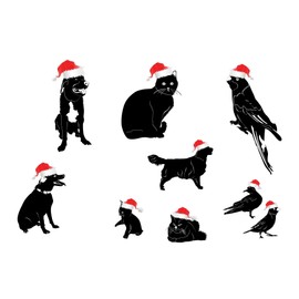 Family Adorable Cartoon Wall Decal Decoration Cute Animals in Santa Hat Christmas Hats Cat Dog Birds Lasts Years and Easily Removable - Size: 40 in(W) x 28 in(H)