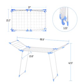 YUBELLES Clothes Drying Rack, Gullwing Laundry Rack, Collapsible, Space-Saving Laundry Rack, with Bonus Sock Clips, for Clothes, Towels, Linens, Indoor/Outdoor, Blue