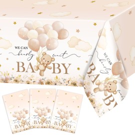 Avezano 3 Pcs Bear Baby Shower Tablecloth We Can Bearly Wait Table Cloths Brown Bear Baby Shower Decorations 108 x 54 Inch