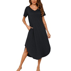 Women's Cotton Long Nightgown-Short Sleeves Nightshirt Comfy Maxi Sleep Shirts for Ladies (Black,Large)
