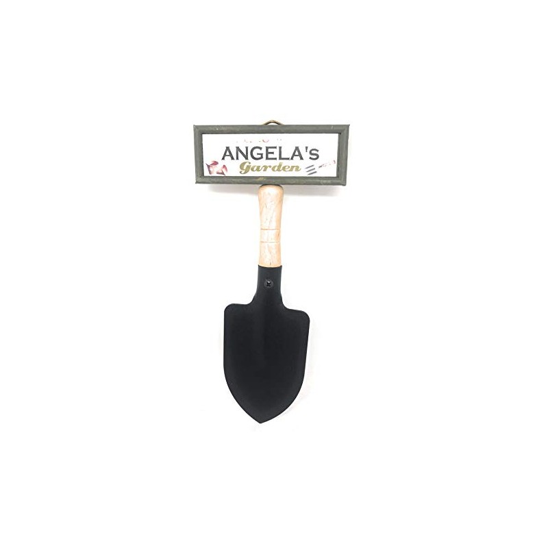 "Welcome to Angela's garden" hanging shovel sign