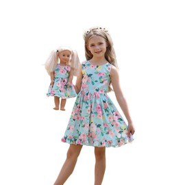 Bow Dream Girl Dresses with Matching American Girl Doll Clothes Vintage Flowers Butterfly 3-12 Years Size 130