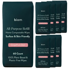 Biom Biodegradable All-Purpose Wipes 8-Pack Refill - Eco-Friendly Grapefruit Cleaning Wipes | Plant-Based Surface Cleaner for Home & Travel | Kid & Pet Friendly Wet Wipe | All Natural & Non-Toxic