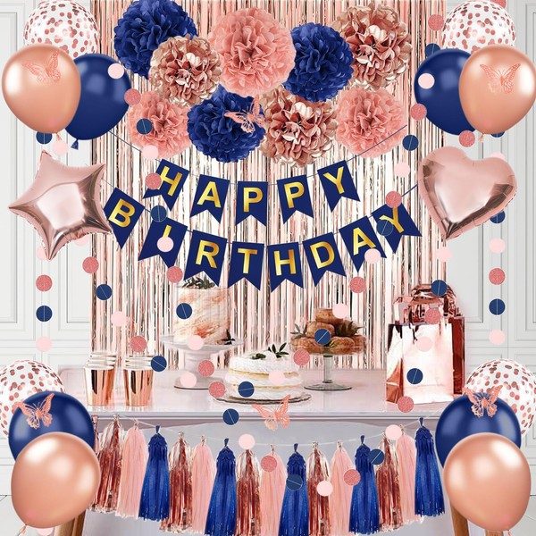 Navy Blue Rose Gold Balloons Birthday Decorations,Happy Birthday Banner,3D Butterfly