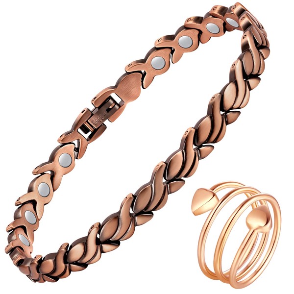 Feraco Copper Bracelet for Women Hand Forged 99.99% Solid Pure Copper Magnetic Bracelets with Pro Neodymium Magnets (Fishtail with Ring)