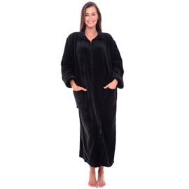 Alexander Del Rossa Long Zip Up Robes for Women, Plush Zipper Robes for Women Plus Size, Housecoats for Women Zipper Front Black 2X (A0300BLK2X)