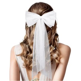 Bachelorette Veil with Barrette and Pearl, Large Hair Bow Bachelorette Party Decorations for Bridesmaid Gift, Bride Accessories (White)
