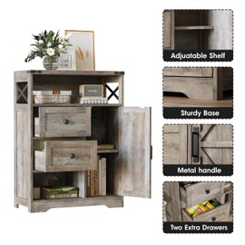 Fameill Farmhouse Storage Cabinet with 2 Drawers&Shelves,Freestanding Storage Cabinet with Doors&Open Storage,Floor Storage Cabinet for Living Room,Bathroom,Kitchen,Laundry,Grey
