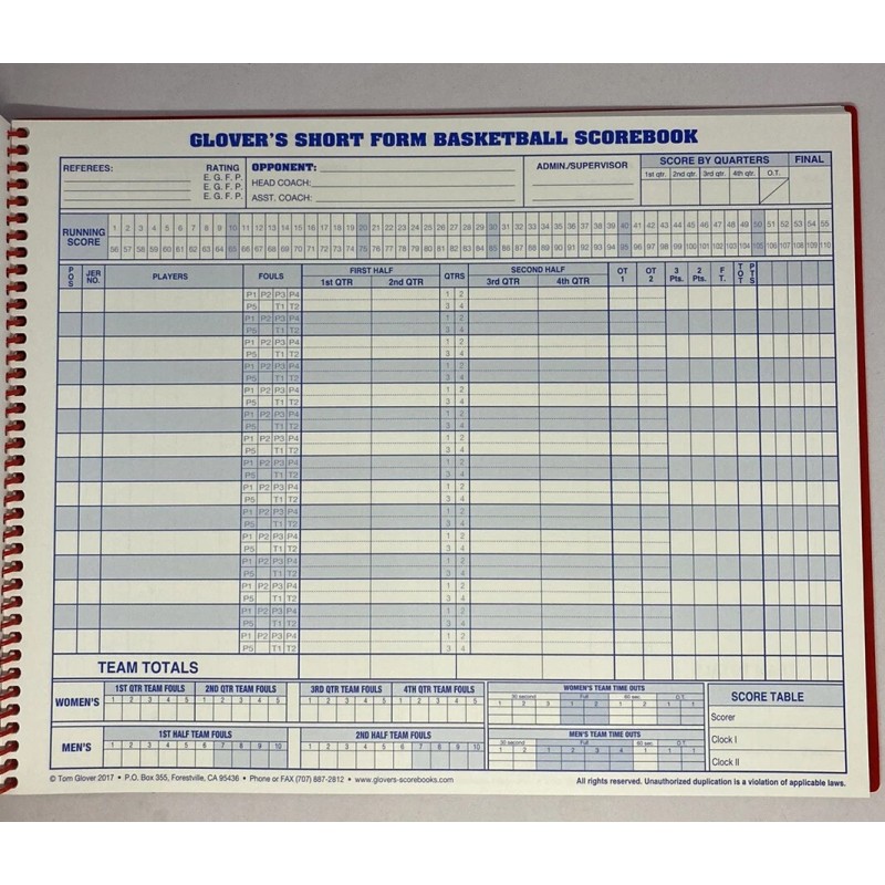 Glover's Short Form 35 Game Basketball Score Book