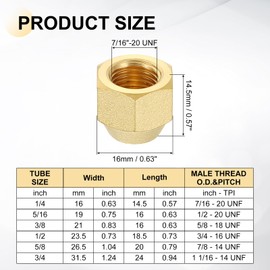 sourcing map 2Pcs 1/4" Tube OD Brass Flare Cap, 7/16"-20 UNF Female Thread 45 Degree Flared SAE Hex Pipe Fitting, Seal Tube Fittings with Tape for Air Conditioner Pipe Extension Water Gas Line