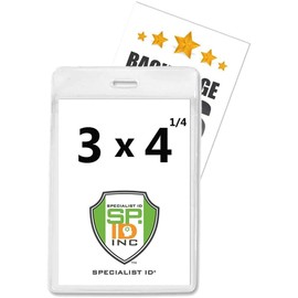Clear 3 X 4 Badge Holder with 2 Pockets - Heavy Duty Vertical Vinyl ID Card Protector Sleeves w/Front and Back Window Pouches for Two I’d - Trade Show, Immunization Card & More by Specialist ID