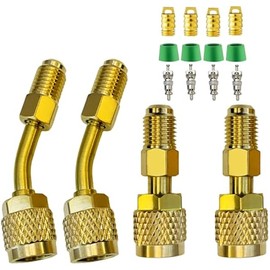 R410a Adapter for Mini Split System, 5/16 inches SAE Female to 1/4 inches SAE Male Flare for Air Conditioners HVAC and Refrigeration Service, 2 Straight +2 Angled Adapters,4 Hose Gaskets,4 Valve Cores