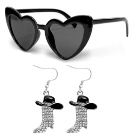 HyperFun Western Cowgirl Boots Earrings Heart Shaped Sunglasses Round Hippie Glasses Cowboy Dangle Earrings Accessories Set(Black)