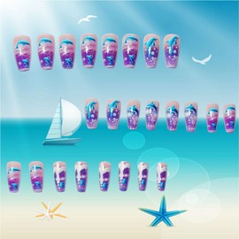 24Pcs Dolphin Press on Nails Ballet Shaped Long Length Cute Blue Dolphin Pattern Design Ocean False Nails Purple Gradient French Stick on Nail Full Cover Glossy Press Ons Glue on Nails for Women