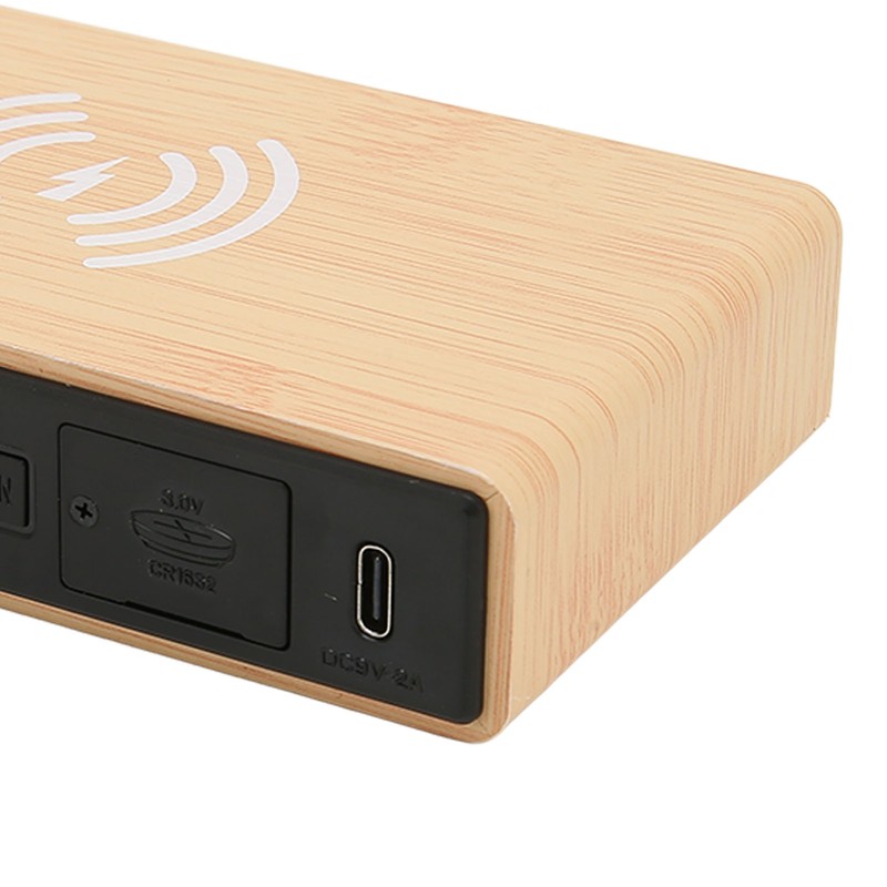 Wooden Digital Alarm Clock with Wireless Charging 3 Level Dimmer