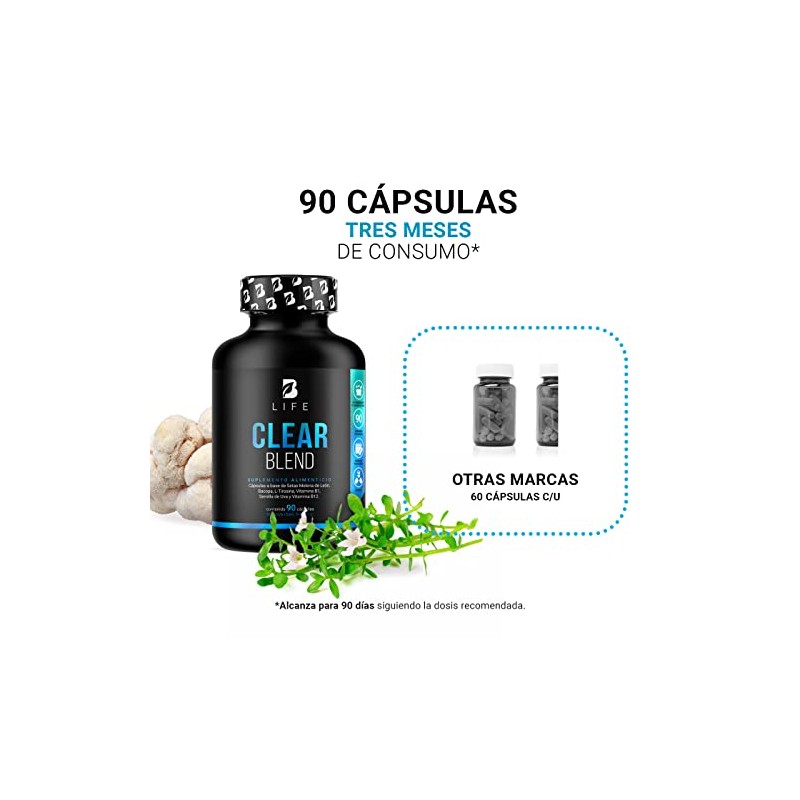 Clear Blend de 90 cápsulas. Ingredientes naturales: Hongo Melena de